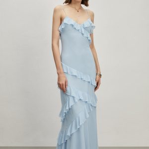 Ruffled Spaghetti Strap Long Dress - Y2K Aesthetic Maxi Dress for Coquette Style Outfits