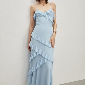 Ruffled Spaghetti Strap Long Dress - Y2K Aesthetic Maxi Dress for Coquette Style Outfits