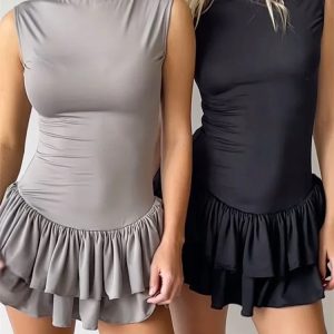 Ruffled Splice Sexy Mini Dress for Women - Sleeveless Slim Fit Solid Color Hot Girl Party Dress