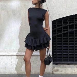 Ruffled Splice Sexy Mini Dress for Women - Sleeveless Slim Fit Solid Color Hot Girl Party Dress