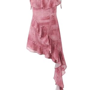 Ruffled Tie Strap Irregular Mini Dress in Y2K Style for a Cute Coquette Aesthetic