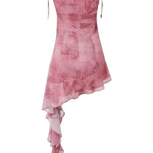 Ruffled Tie Strap Irregular Mini Dress in Y2K Style for a Cute Coquette Aesthetic