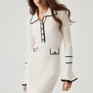 Ruffled Trim Contrast Binding Button-Up Collar Midi Sweater Dress in Y2K Aesthetic Style