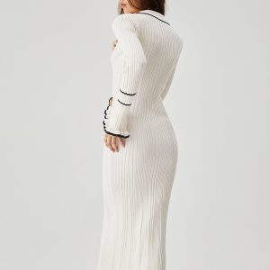 Ruffled Trim Contrast Binding Button-Up Collar Midi Sweater Dress in Y2K Aesthetic Style