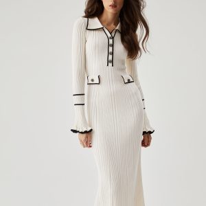 Ruffled Trim Contrast Binding Button-Up Collar Midi Sweater Dress in Y2K Aesthetic Style