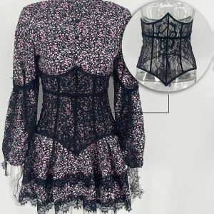 Ruffled V-Neck Mini Lace Dress with High Waist and Long Sleeves for Y2K Party Aesthetic