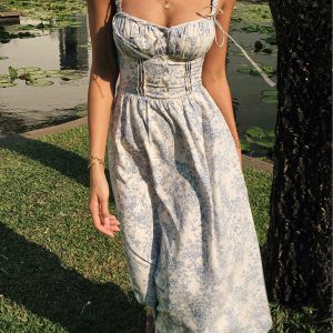 Sapphire Garden Y2K Floral Cami Midi Dress - Cute Aesthetic Summer Outfit