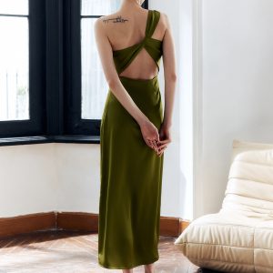 Satin Asymmetrical Backless Slim Dress - Y2K Aesthetic Chic for Stylish Nights Out