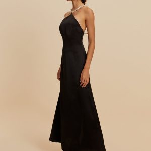 Satin Backless Dress with Pearl Straps - Elegant Y2K Fashion for Chic Aesthetic Outfits