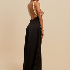 Satin Backless Dress with Pearl Straps - Elegant Y2K Fashion for Chic Aesthetic Outfits