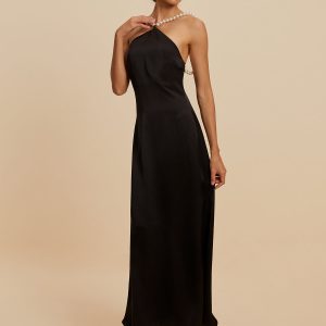 Satin Backless Dress with Pearl Straps - Elegant Y2K Fashion for Chic Aesthetic Outfits