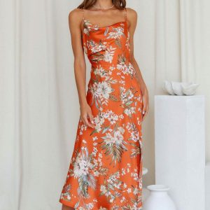 Satin Cowl Neck Floral Print Slit Cami Dress - Y2K Aesthetic Chic for Effortless Style