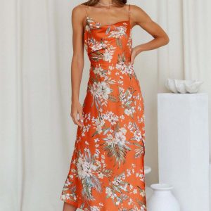 Satin Cowl Neck Floral Print Slit Cami Dress - Y2K Aesthetic Chic for Effortless Style