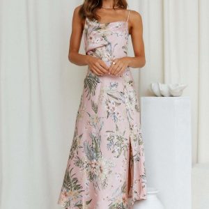 Satin Cowl Neck Floral Print Slit Cami Dress - Y2K Aesthetic Chic for Effortless Style