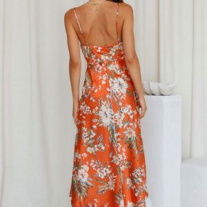 Satin Cowl Neck Floral Print Slit Cami Dress - Y2K Aesthetic Chic for Effortless Style