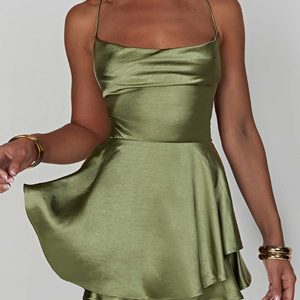 Satin Cowl Neck Tie-Back Tiered Cami Dress - Y2K Aesthetic Cute Dress for Stylish Outfits