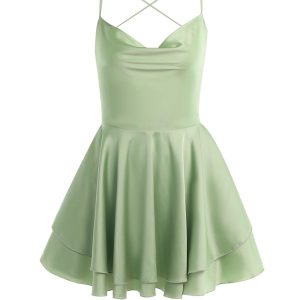 Satin Cowl Neck Tie-Back Tiered Cami Dress - Y2K Aesthetic Cute Dress for Stylish Outfits