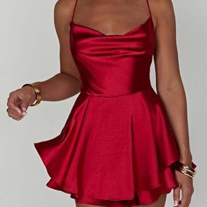 Satin Cowl Neck Tie-Back Tiered Cami Dress - Y2K Aesthetic Cute Dress for Stylish Outfits