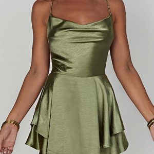 Satin Cowl Neck Tie-Back Tiered Cami Dress - Y2K Aesthetic Cute Dress for Stylish Outfits