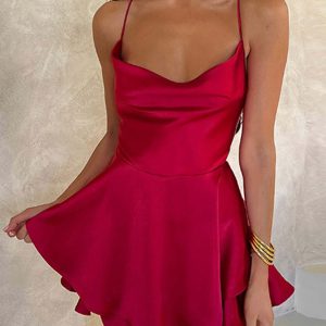 Satin Cowl Neck Tie-Back Tiered Cami Dress - Y2K Aesthetic Cute Dress for Stylish Outfits