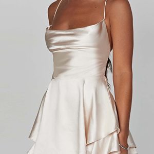 Satin Cowl Neck Tie-Back Tiered Cami Dress - Y2K Aesthetic Cute Dress for Stylish Outfits