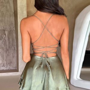 Satin Cowl Neck Tie-Back Tiered Cami Dress - Y2K Aesthetic Cute Dress for Stylish Outfits