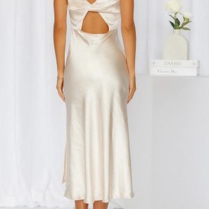 Satin Cowl Neck Twisted-Back Slit Dress for Y2K Aesthetic and Coquette Style