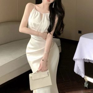 Satin Halter Midi Dress for Women - Slim Mermaid Bodycon Evening Party Dress, Sleeveless Prom Robe