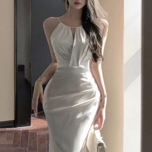 Satin Halter Midi Dress for Women - Slim Mermaid Bodycon Evening Party Dress, Sleeveless Prom Robe