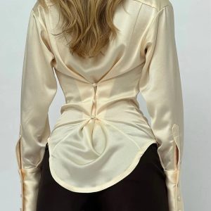 Satin Long Sleeve V-Neck Blouse with Back Button - Slim Fit Patchwork Club Party Top