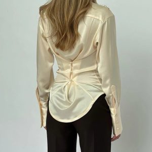 Satin Long Sleeve V-Neck Blouse with Back Button - Slim Fit Patchwork Club Party Top