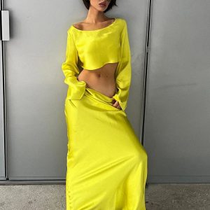 Satin Loose Long Skirt & Backless Slim Crop Top Set - Elegant Y2K Fashion Outfit for Women