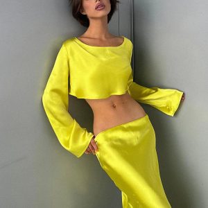 Satin Loose Long Skirt & Backless Slim Crop Top Set - Elegant Y2K Fashion Outfit for Women