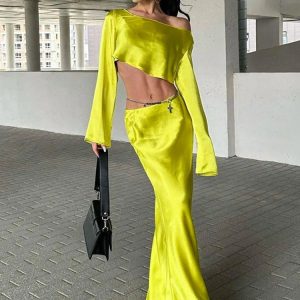 Satin Loose Long Skirt & Backless Slim Crop Top Set - Elegant Y2K Fashion Outfit for Women