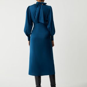 Satin Mock Neck Tie Back Long Sleeve Midi Dress - Elegant Y2K Aesthetic Fashion Piece