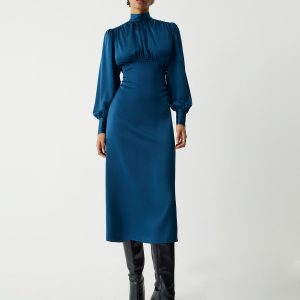 Satin Mock Neck Tie Back Long Sleeve Midi Dress - Elegant Y2K Aesthetic Fashion Piece