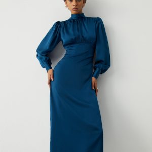 Satin Mock Neck Tie Back Long Sleeve Midi Dress - Elegant Y2K Aesthetic Fashion Piece