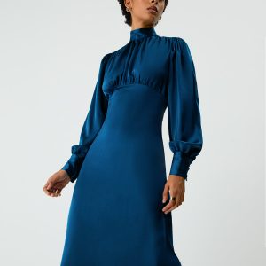 Satin Mock Neck Tie Back Long Sleeve Midi Dress - Elegant Y2K Aesthetic Fashion Piece