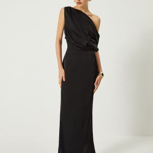 Satin One Shoulder Off-Split Long Dress for Y2K Fashion and Coquette Aesthetic Looks