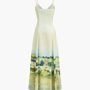 Satin Print V-Neck Cami Dress - Y2K Aesthetic Slip Dress for Coquette and Grunge Styles