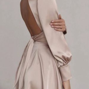 Satin Puff Sleeve Backless Dress - Y2K Aesthetic Party Dress for Chic Outfits