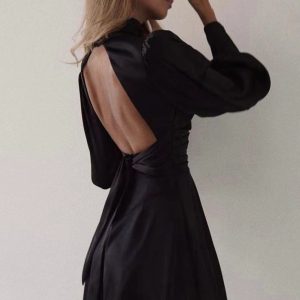 Satin Puff Sleeve Backless Dress - Y2K Aesthetic Party Dress for Chic Outfits