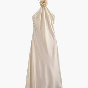 Satin Rosette Halter Midi Dress - Elegant Y2K Fashion for Chic Coquette Aesthetic