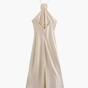 Satin Rosette Halter Midi Dress - Elegant Y2K Fashion for Chic Coquette Aesthetic