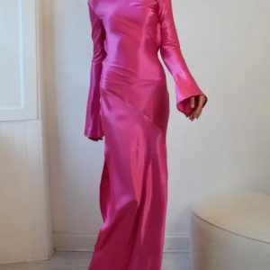 Satin Side Slit Dress for Women - Elegant Backless Evening Dress for Parties & Clubs