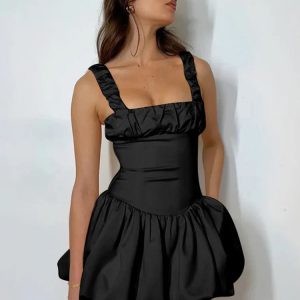 Satin Suspender Mini Dress for Women - Sexy Sleeveless Ruched Summer Party Gown