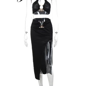 Satin Y2K Aesthetic 2-Piece Set: Lace-Up Sleeveless Backless Crop Top & High Waist Midi Dress