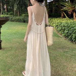 Seaside Holiday Beach Dress - Women's Loose Fit Bare Back Summer Dress in Y2K Style