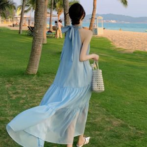 Seaside Vacation Y2K Aesthetic Bubble Skirt Dress - Elegant Sleeveless Chiffon Style