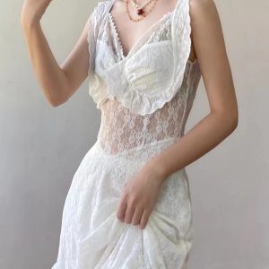 Seductive Sheer Lace Strap Dress for Y2K Fashion Lovers and Coquette Aesthetic Enthusiasts